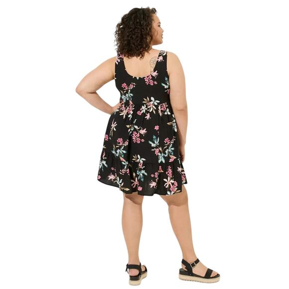 Torrid Mini Challis Tiered Tank Dress Orchid Gardens Floral Deep Black - Picture 2 of 8